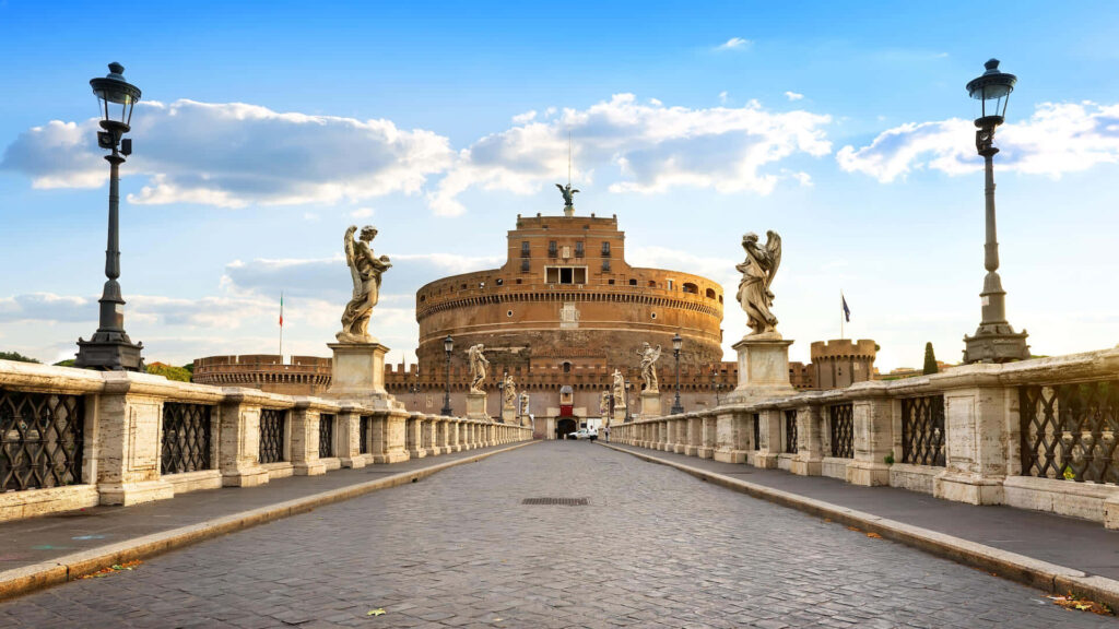 Stunning Castel Sant'Angelo View: Angel Statues & Vibrant Sky Wallpaper