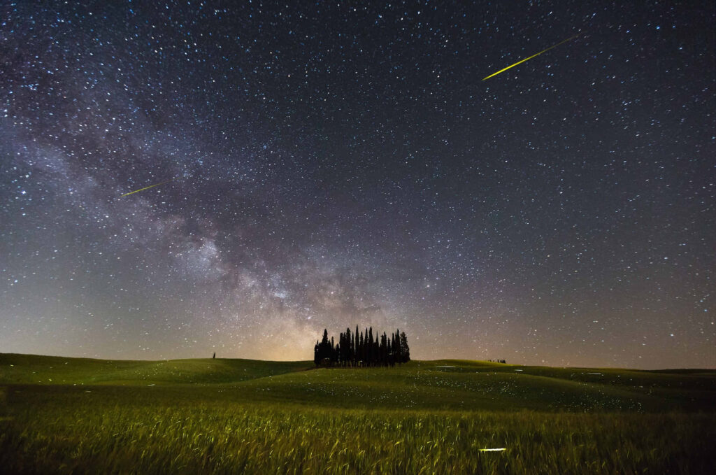 Celestial Comet Wallpaper: Serene Starry Night Over Grassy Landscape