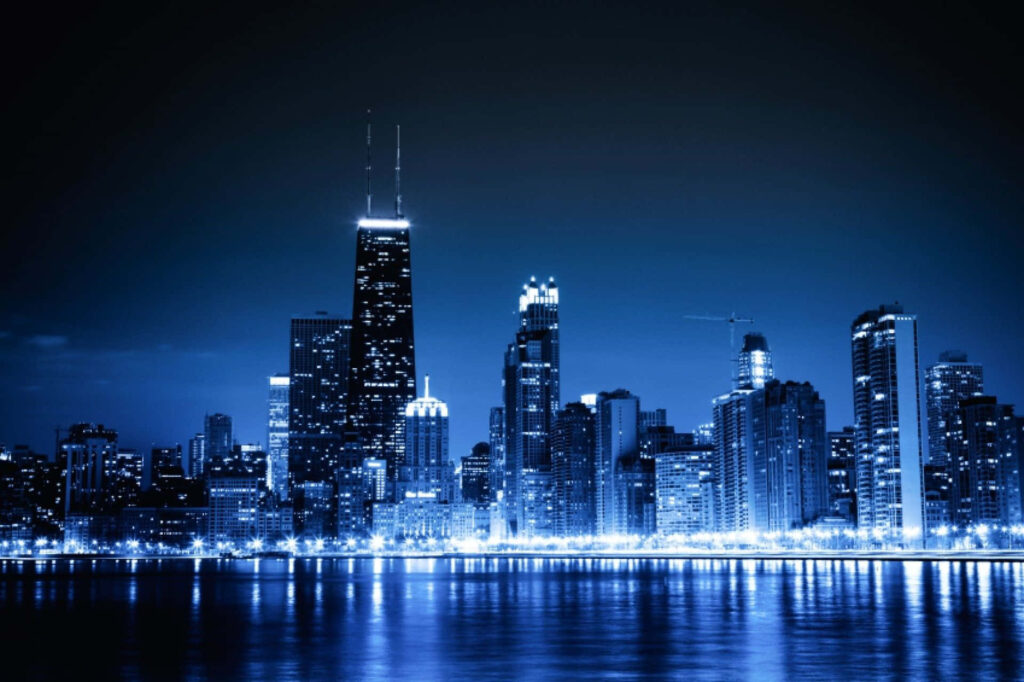 Stunning Chicago Night Skyline Wallpaper with Blue Lights Reflection
