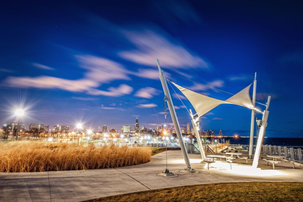 Stunning Chicago Night Skyline: Modern Architecture & Vibrant Sky Wallpaper