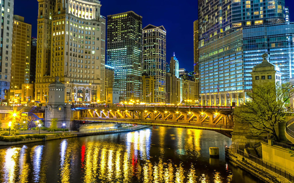 Stunning Chicago Night View: Illuminated Skyline & River Reflection Wallpaper