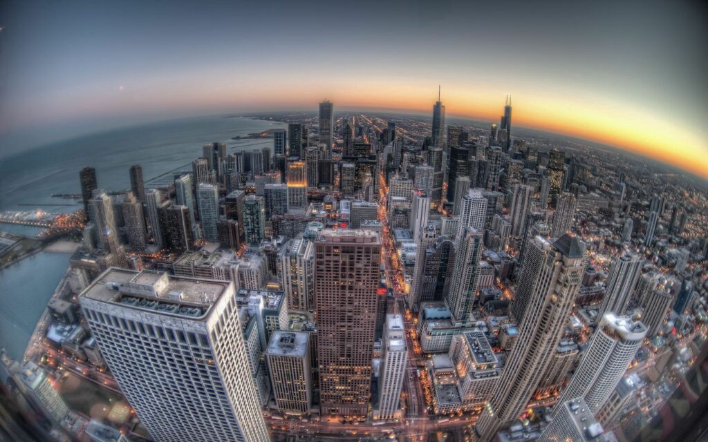 Fisheye Chicago Skyline Sunset Wallpaper - Urban Panorama Background