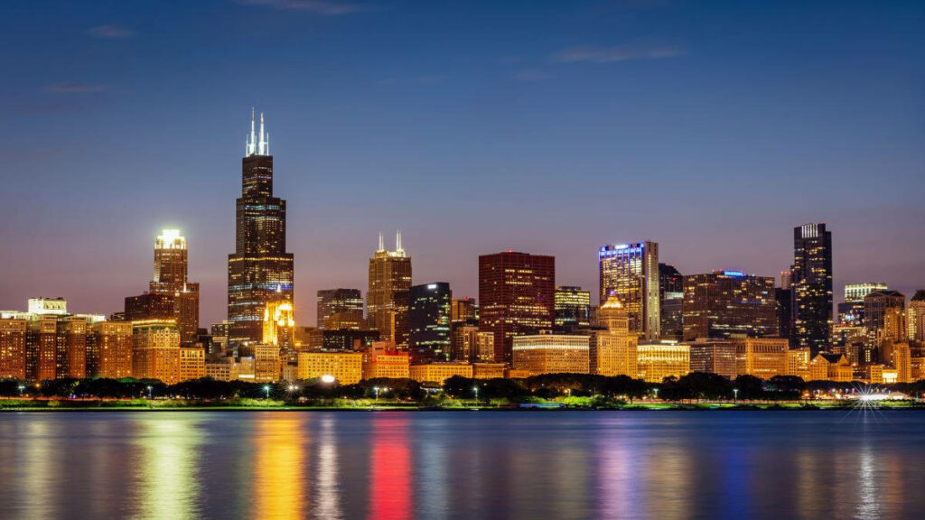 Stunning Chicago Skyline at Night: Willis Tower Reflection Wallpaper