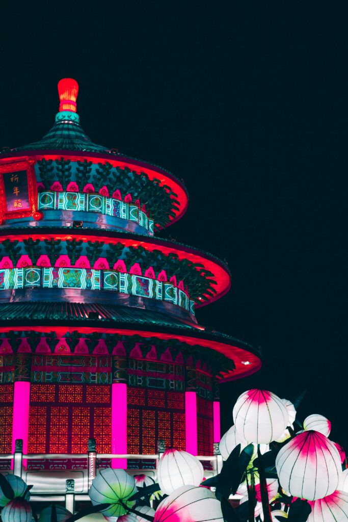 Vibrant Chinese Architecture Wallpaper with Colorful Lights & Lanterns