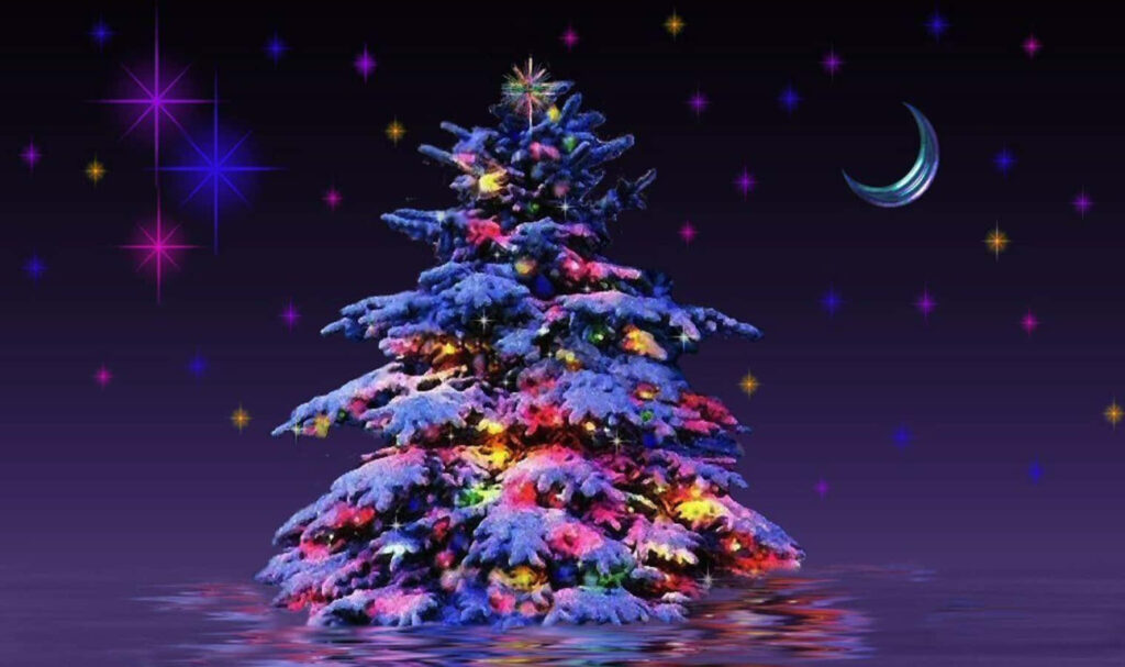 “Colorful Christmas Tree Shines Against Starry Sky with Crescent Moon” Wallpaper