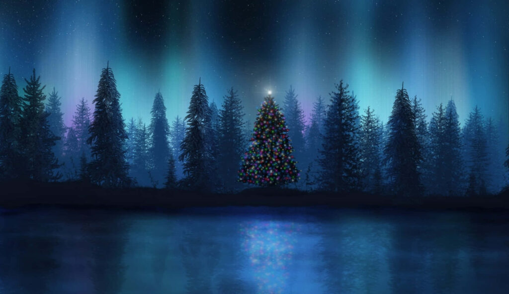 Festive Christmas Tree Wallpaper with Northern Lights & Serene Lake