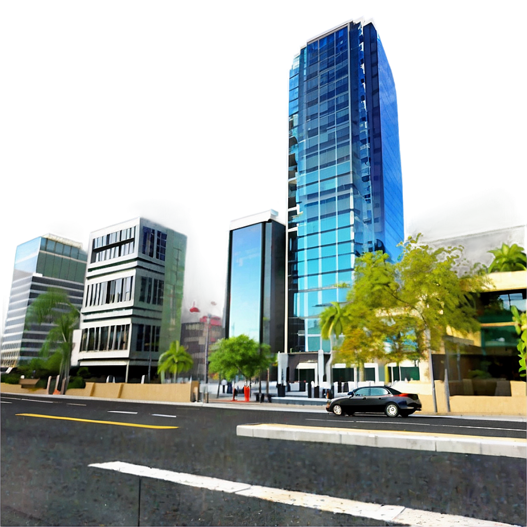 Stunning City Street View: Modern High-Rises & Lush Green Trees Wallpaper