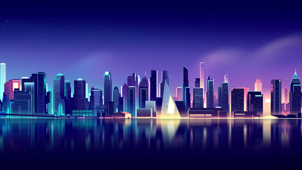 Stunning Dusk Cityscape Wallpaper: Glowing Skyscrapers & Water Reflections
