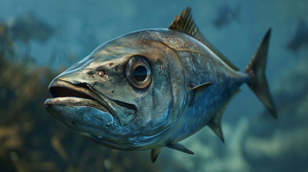Close-up of a stylized predatory fish with metallic textures on deep blue ocean background wallpaper