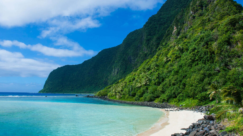 Coastal Wallpaper: Lush Cliffs & Sandy Beach Under Blue Sky