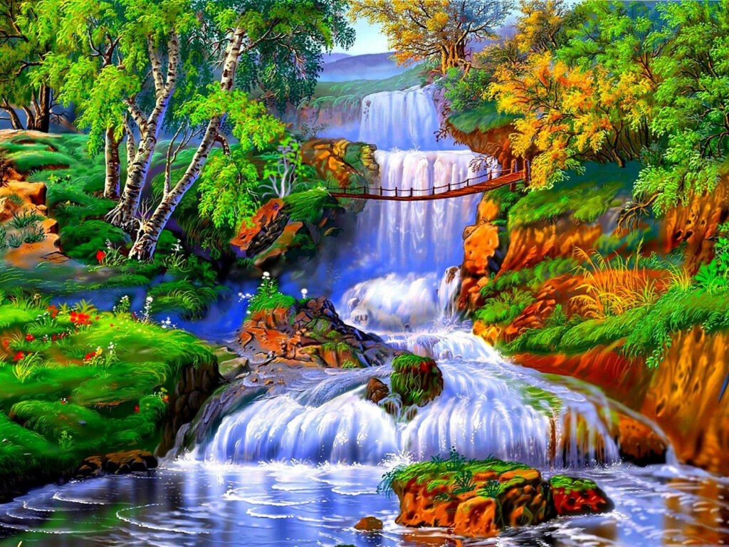 Vibrant Forest Waterfall Wallpaper with Serene Bridge Background