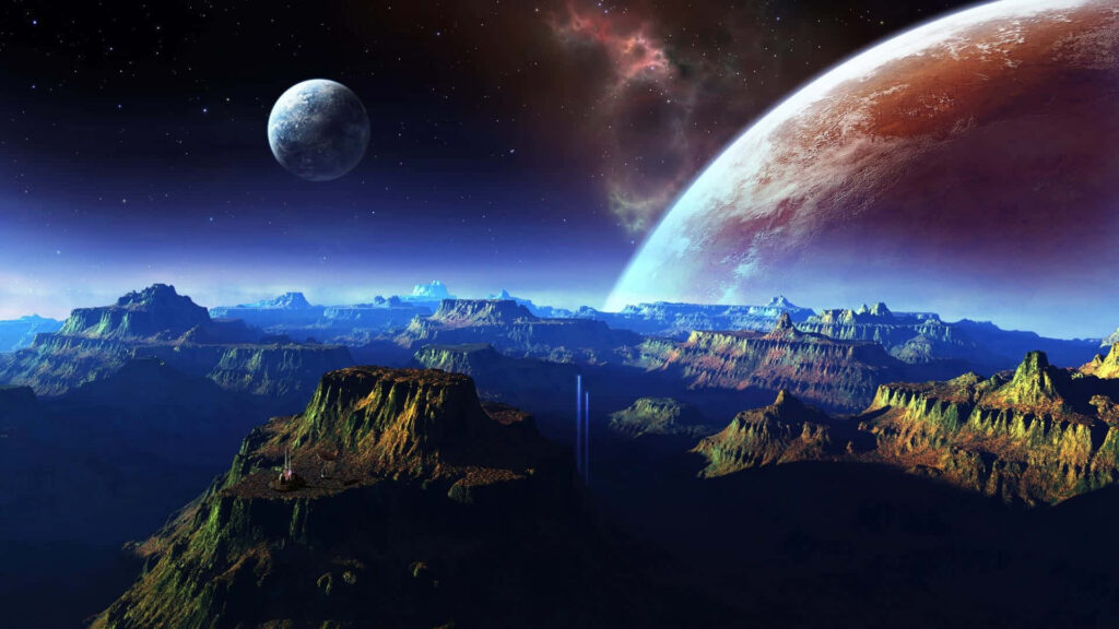 Surreal alien landscape with rugged terrain, vivid planet, and serene moon under starlit sky. Wallpaper