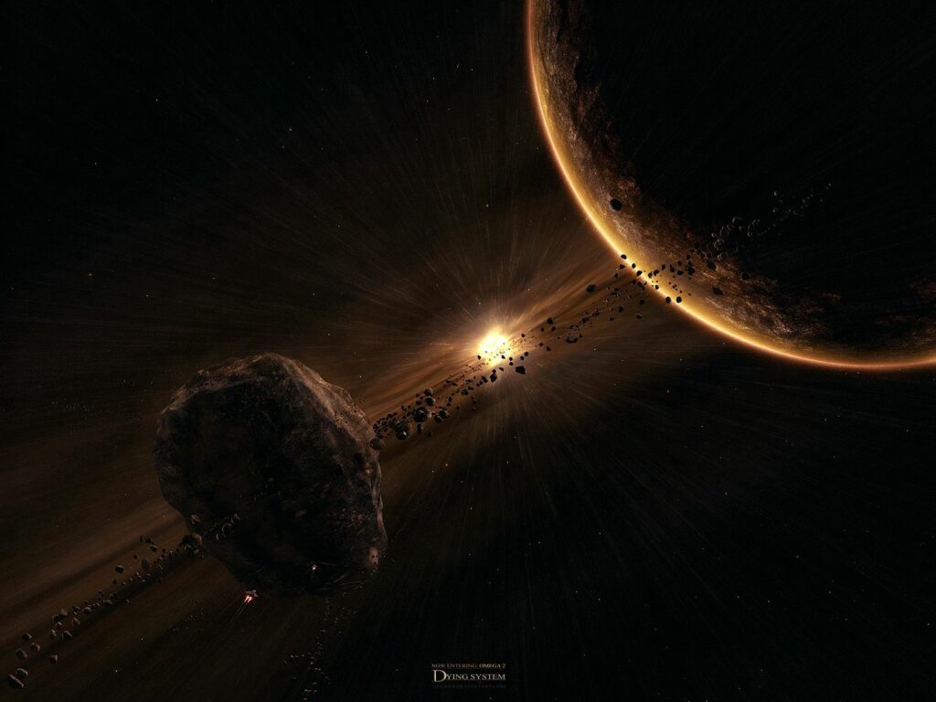 Stunning Cosmic Wallpaper: Fiery Explosion & Asteroid-Ringed Planet