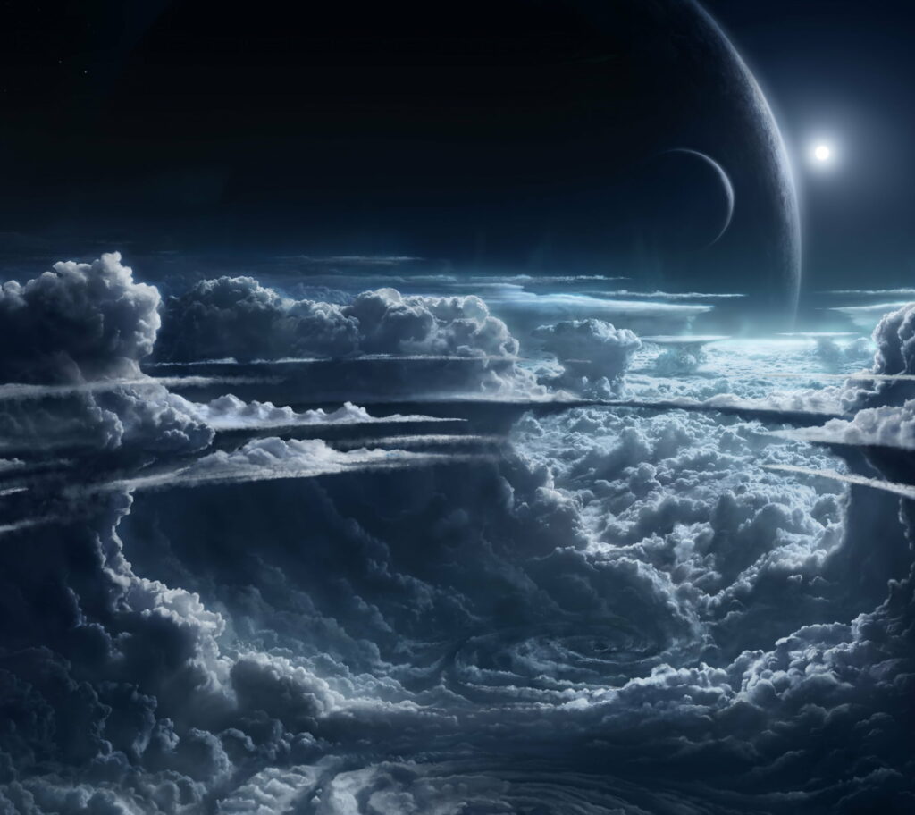 Stunning Cosmic HD Wallpaper: Clouds, Moon & Sun in Dark Sky
