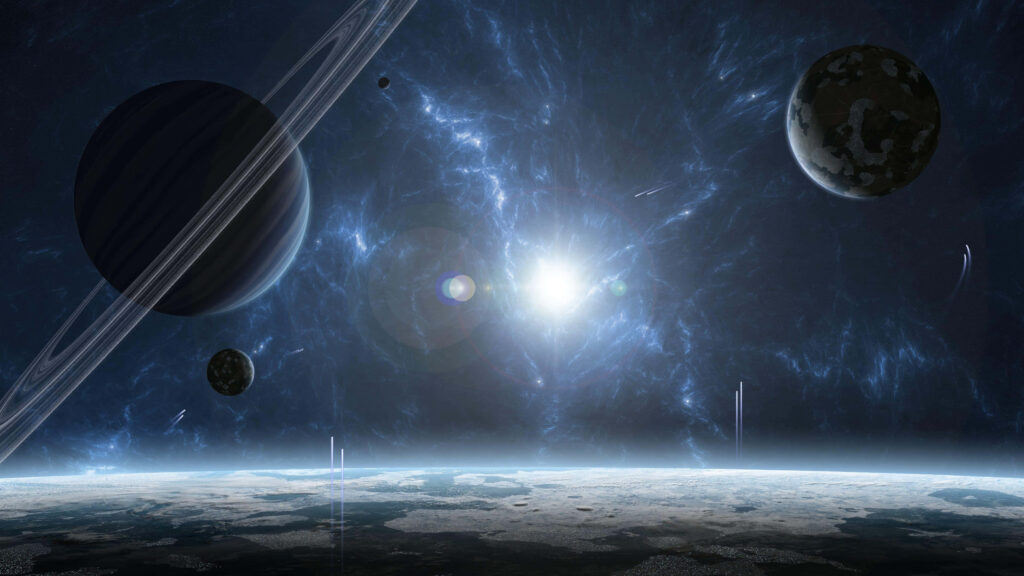 Icy planet foreground with vibrant gas giant and glowing nebulae in cosmic wallpaper scene.