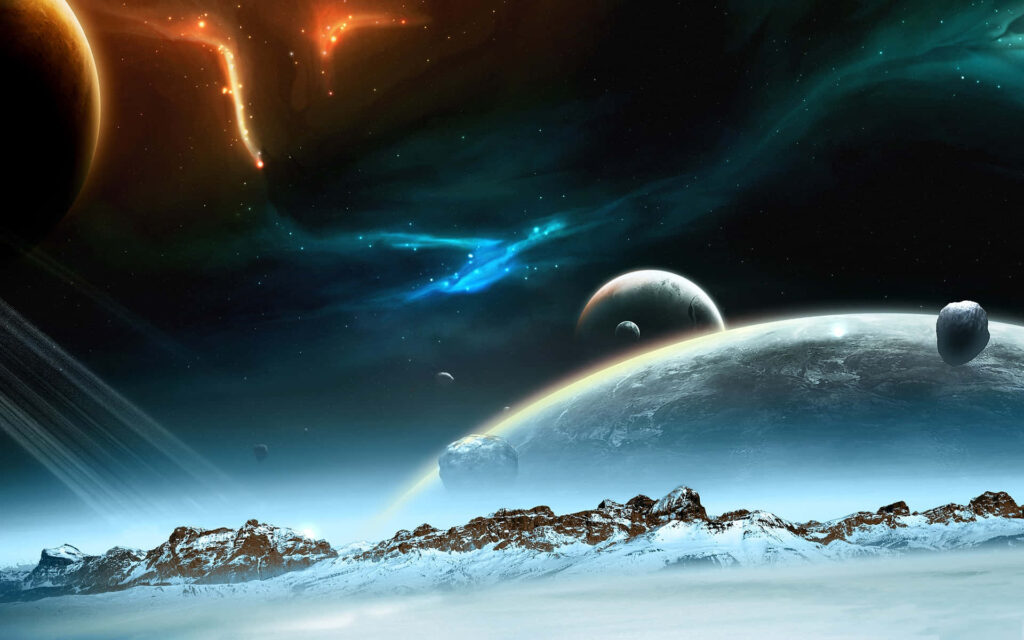 Stunning cosmic landscape with distant planets, bright nebulae, and icy mountains under a galactic sky. Wallpaper