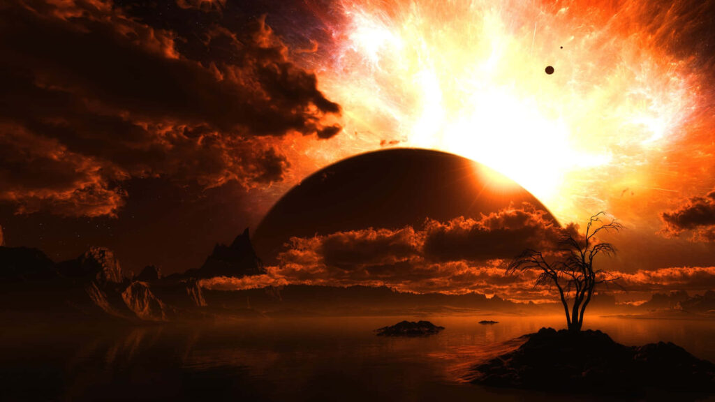 Stunning cosmic landscape with a silhouetted planet and fiery explosion over serene water. Wallpaper