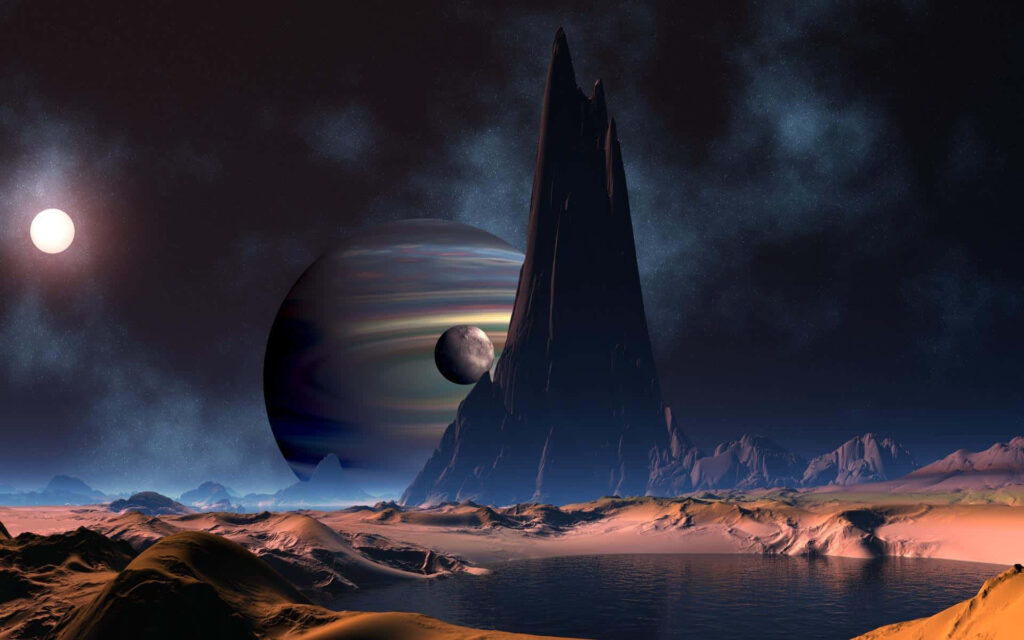 Stunning cosmic landscape: dark spire, serene desert, reflective water, radiant planet, starry sky. Wallpaper