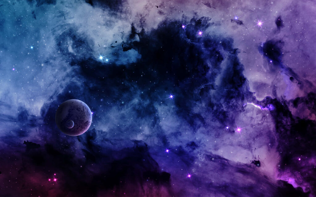 Stunning nebula wallpaper with vibrant colors, twinkling stars, and a distant planet in space.