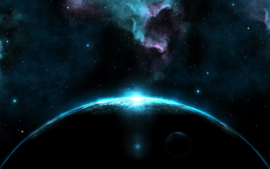 Vibrant cosmic wallpaper with glowing planet, celestial body, and colorful nebulae in starry sky.