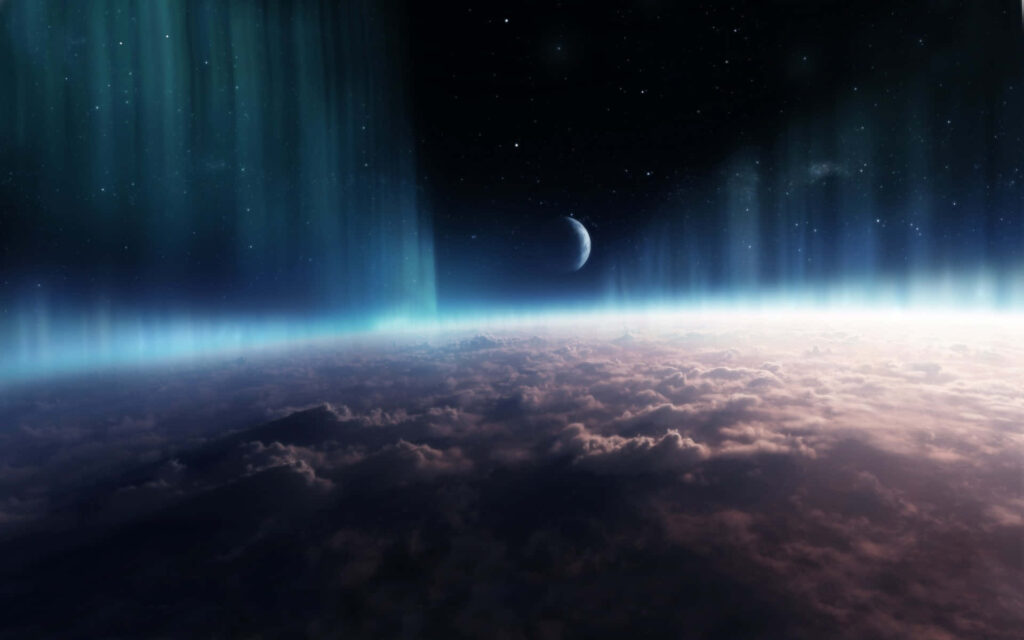 Abstract Outer Space Wallpaper: Crescent Planet & Ethereal Clouds