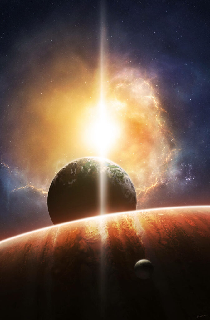 Cosmic Wallpaper: Aligning Planets & Radiant Sun Flares Background