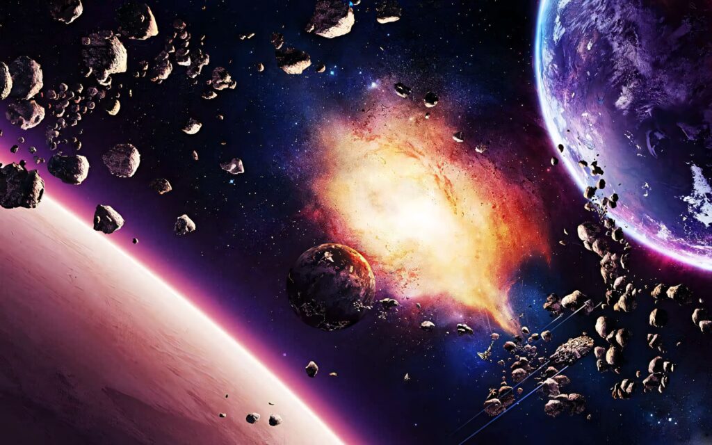 Vibrant Cosmic Asteroid Belt Scene Wallpaper: Earth in Danger