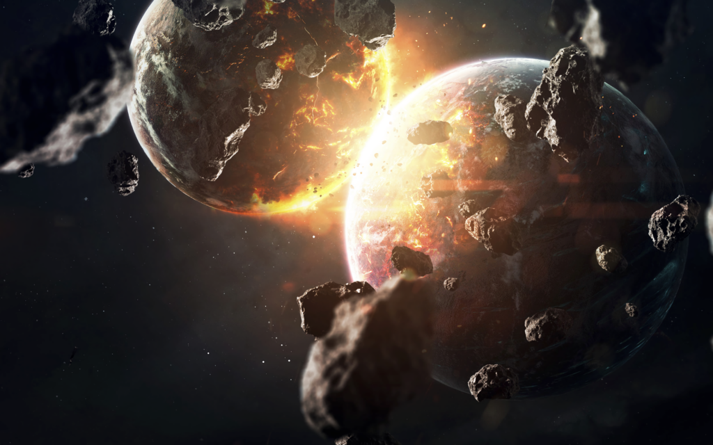 Stunning Cosmic Wallpaper: Colliding Planets Amid Meteor Storm