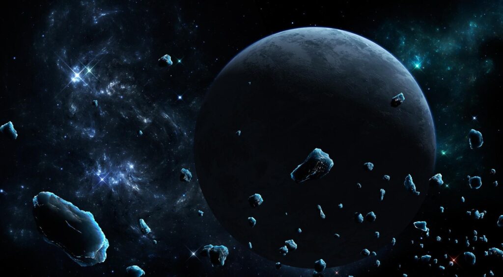 Stunning Cosmic Wallpaper: Dark Planet & Asteroids in Space