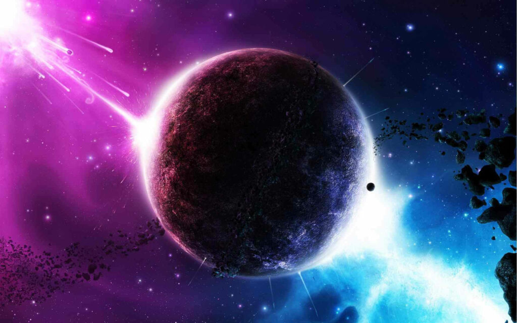 Stunning Cosmic Wallpaper: Celestial Scene with Dark Planet & Light Rays