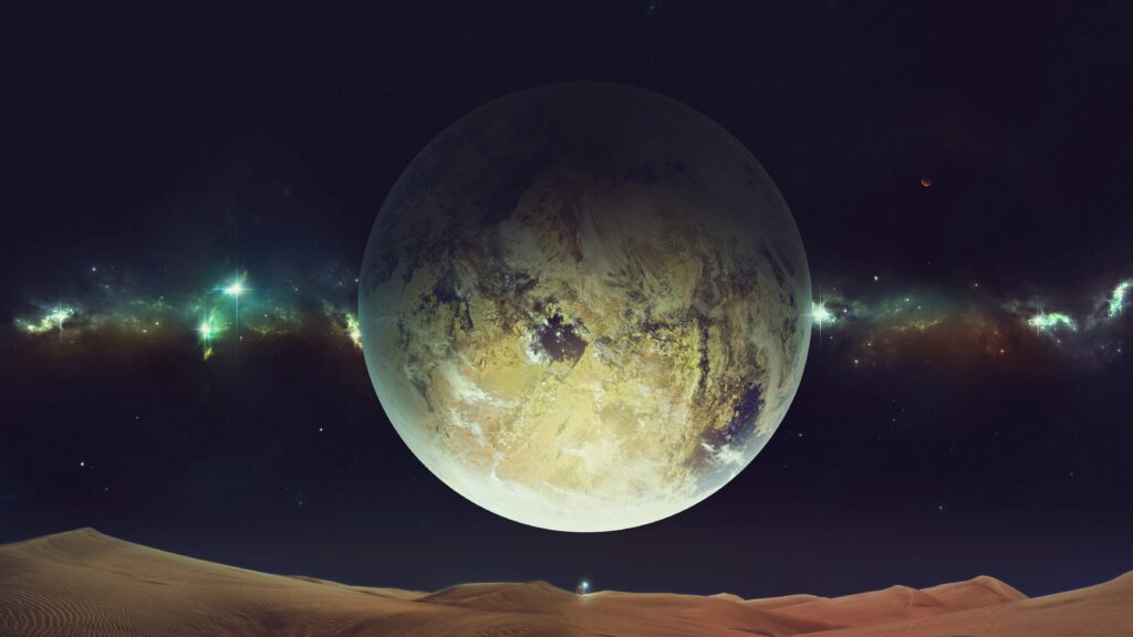 Stunning Cosmic Wallpaper: Vibrant Planet & Desert Dunes Background