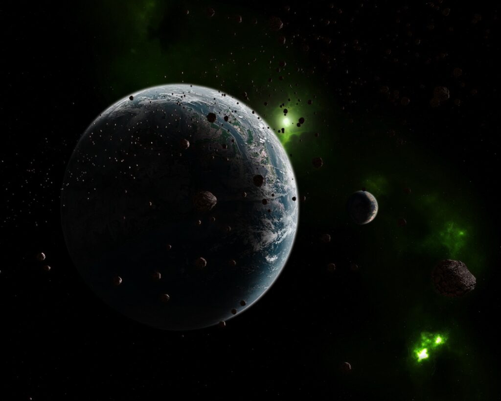 Mesmerizing Cosmic Wallpaper: Earth-like Planets & Green Nebula