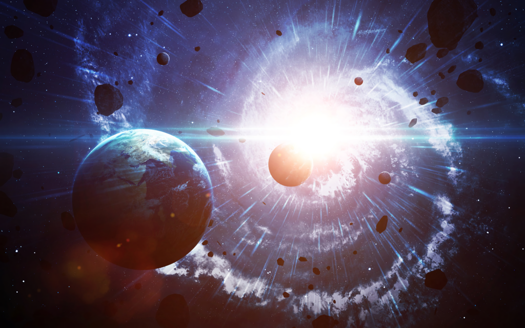 Stunning Cosmic Wallpaper: Earth with Glowing Rays & Asteroids
