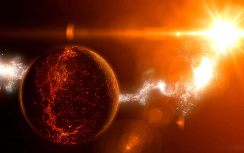 Vibrant Cosmic Wallpaper: Fiery Red Planet with Radiant Energy