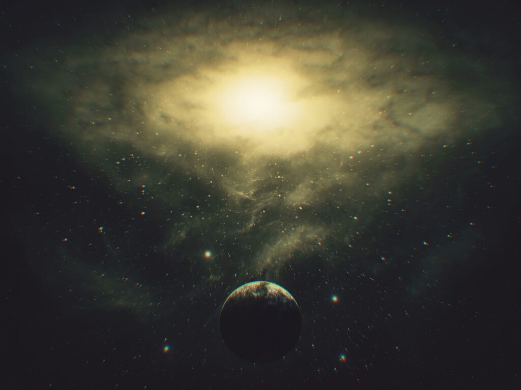 Stunning Cosmic Wallpaper: Glowing Galaxy & Nebula with Planet