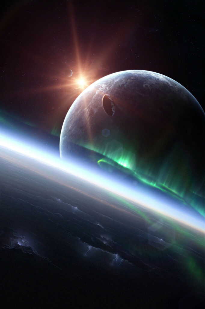 Cosmic Galaxy Wallpaper: Vibrant Space Scene with Spaceship & Stars