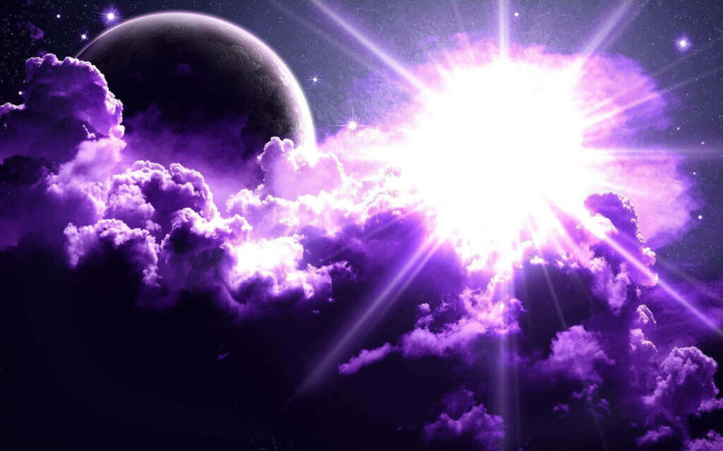 Glowing Moon Wallpaper: Vibrant Purple Clouds & Cosmic Background