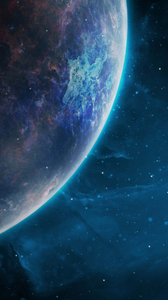 Glowing planet in deep space with stars and blue nebulae – cosmic wallpaper background.
