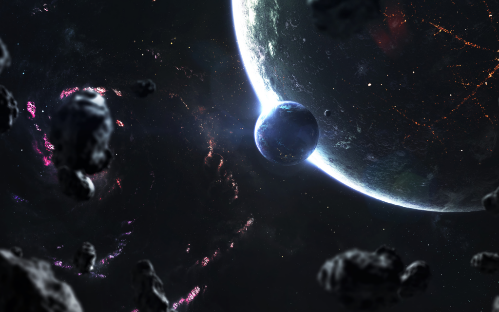 Vibrant Cosmic Wallpaper: Glowing Planet & Meteor Shower Background