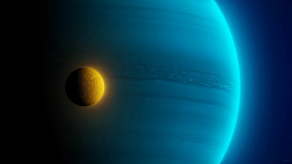 Stunning Cosmic Wallpaper: Glowing Yellow Planet & Blue Planet Vibe