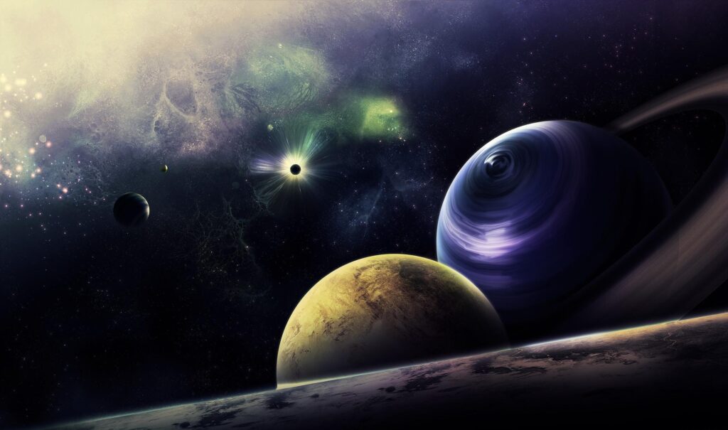 Stunning Cosmic Wallpaper: Mesmerizing Galaxy with Radiant Planets