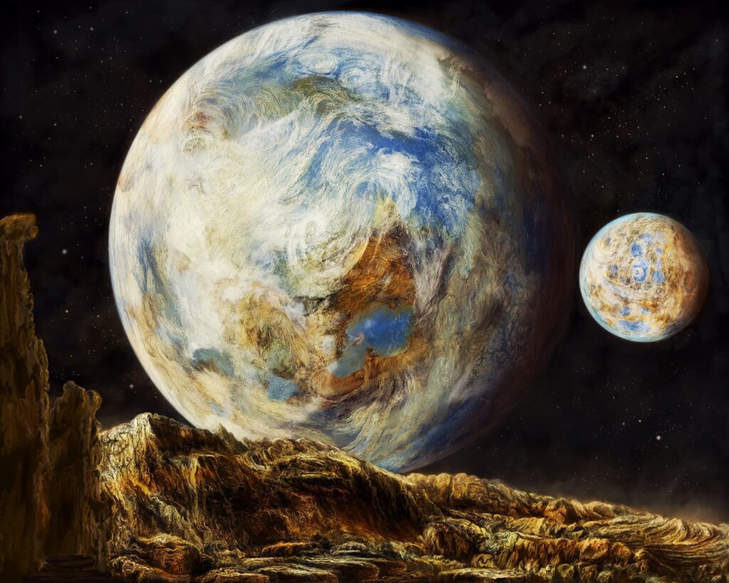 Stunning Cosmic Wallpaper: Planet & Moon in Starry Space Background