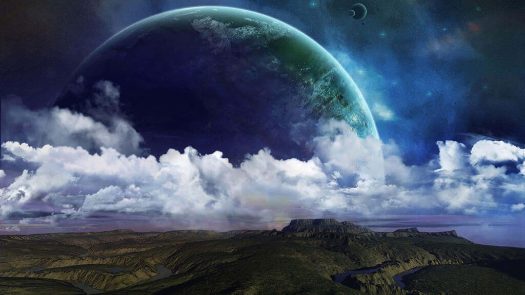 Stunning cosmic landscape with a giant planet, moons, and a vibrant starry sky backdrop. Wallpaper