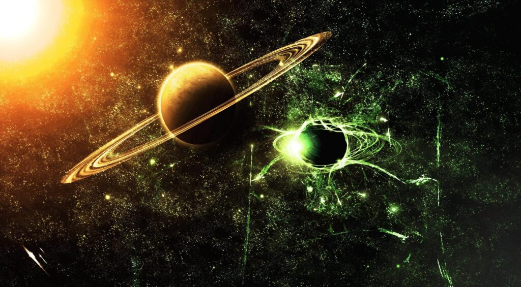 Stunning Cosmic Wallpaper: Planet with Golden Rings & Green Energy