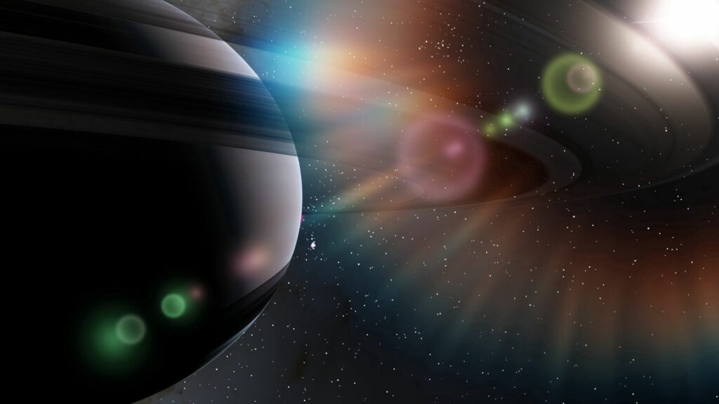 Stunning Cosmic Wallpaper: Planet with Rings & Vibrant Light Flares