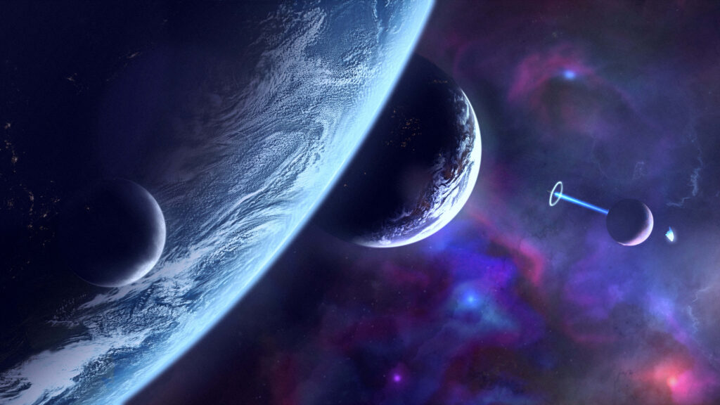 Vivid cosmic wallpaper with planets, colorful nebulae, and an illuminating energy beam.