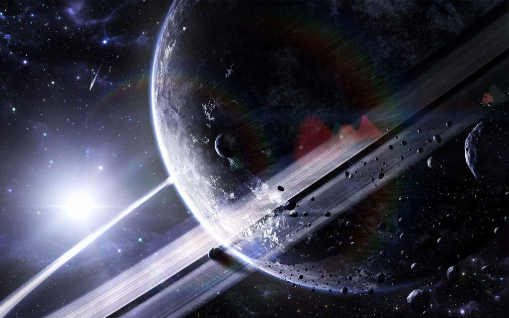 Radiant cosmic scene with glowing rings around a planet and distant celestial bodies, wallpaper.