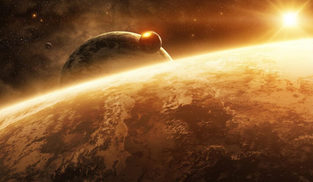 Stunning Cosmic Wallpaper: Sunlit Planets & Stars in Vast Space