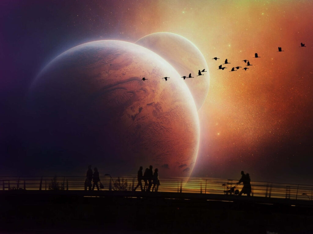 Stunning Cosmic Bridge Wallpaper with Silhouettes and Giant Planets