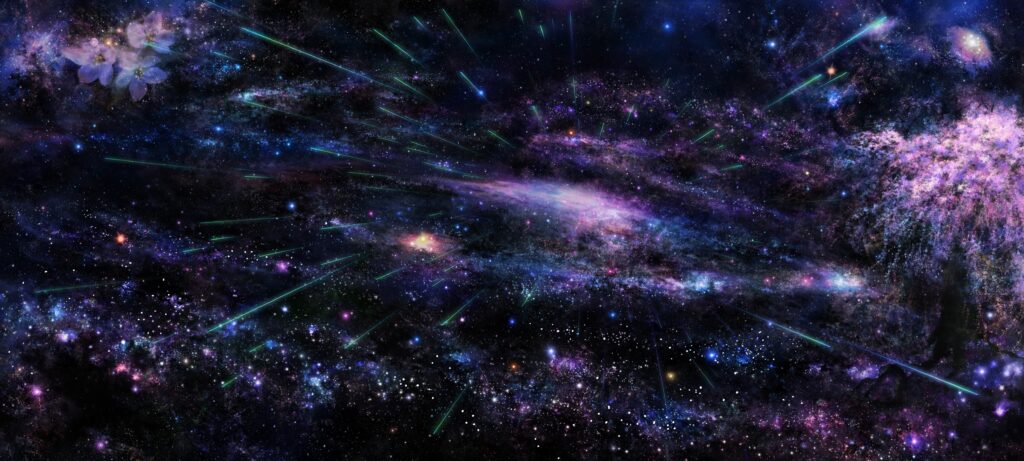 Cosmic Wallpaper: Starry Sky with Shooting Stars & Ethereal Trees